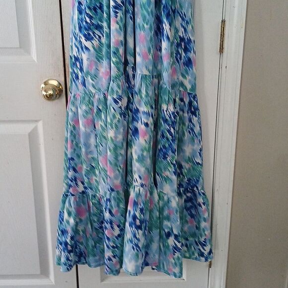 J. NNA Boho abstract print halter summer party pocket maxi dress Sz M NWOT - Picture 3 of 9